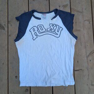 ROXY T-Shirt Women's L White Logo Graphic Cap Sleeve Split Neck Made In USA